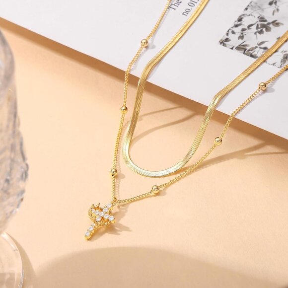 Women  Chain Set, Gold 14K Gold Plated Crown Cross Necklace - Non-Tarnish - Picture 6 of 6